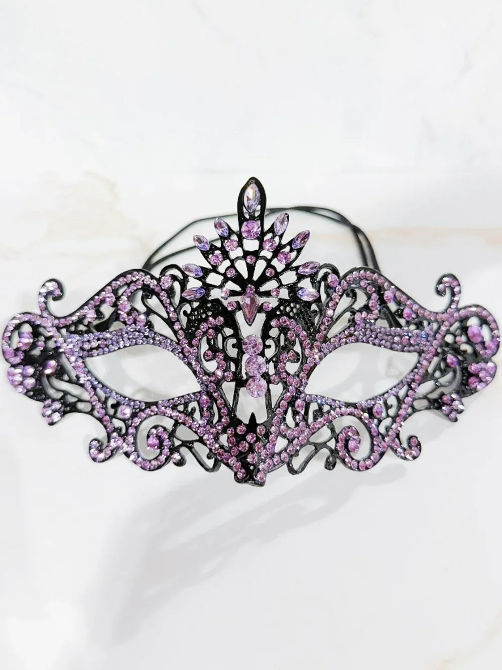 Lavender Rhinestone Masquerade Mask, Black Venetian Face Mask, Costume Mask